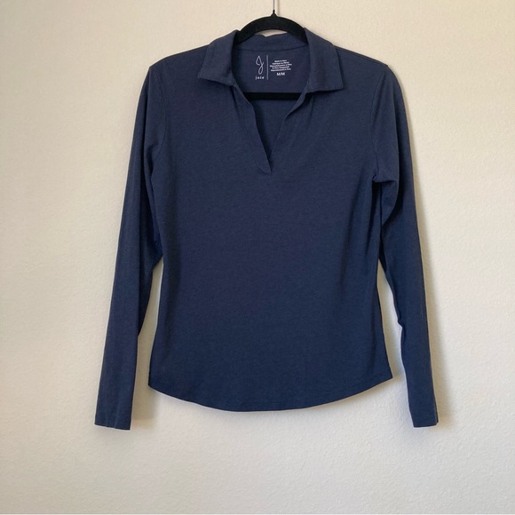 Joie Blue Long Sleeve Polo Top Split V-neck - Picture 3 of 6